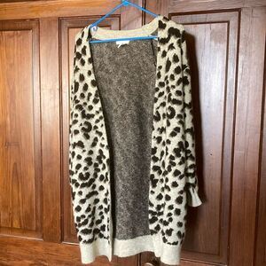 H&M animal print jacquard wool blend long open brown cardigan Sz S